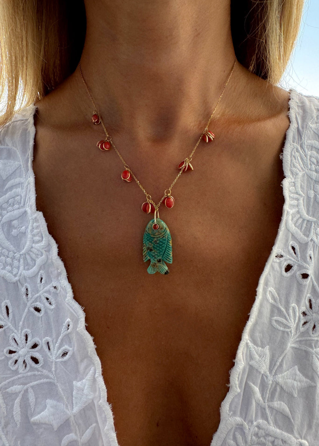Coral Necklace With Turquoise Fish
