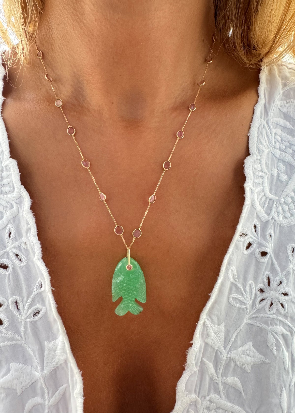 Pink Tourmaline Necklace with Chrysoprase Fish Pendant