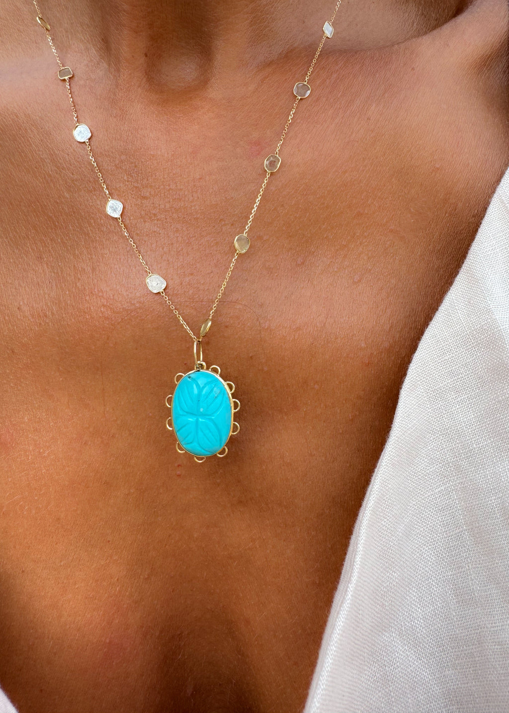 Polki Diamond Necklace and Howlite Turquoise Pendant