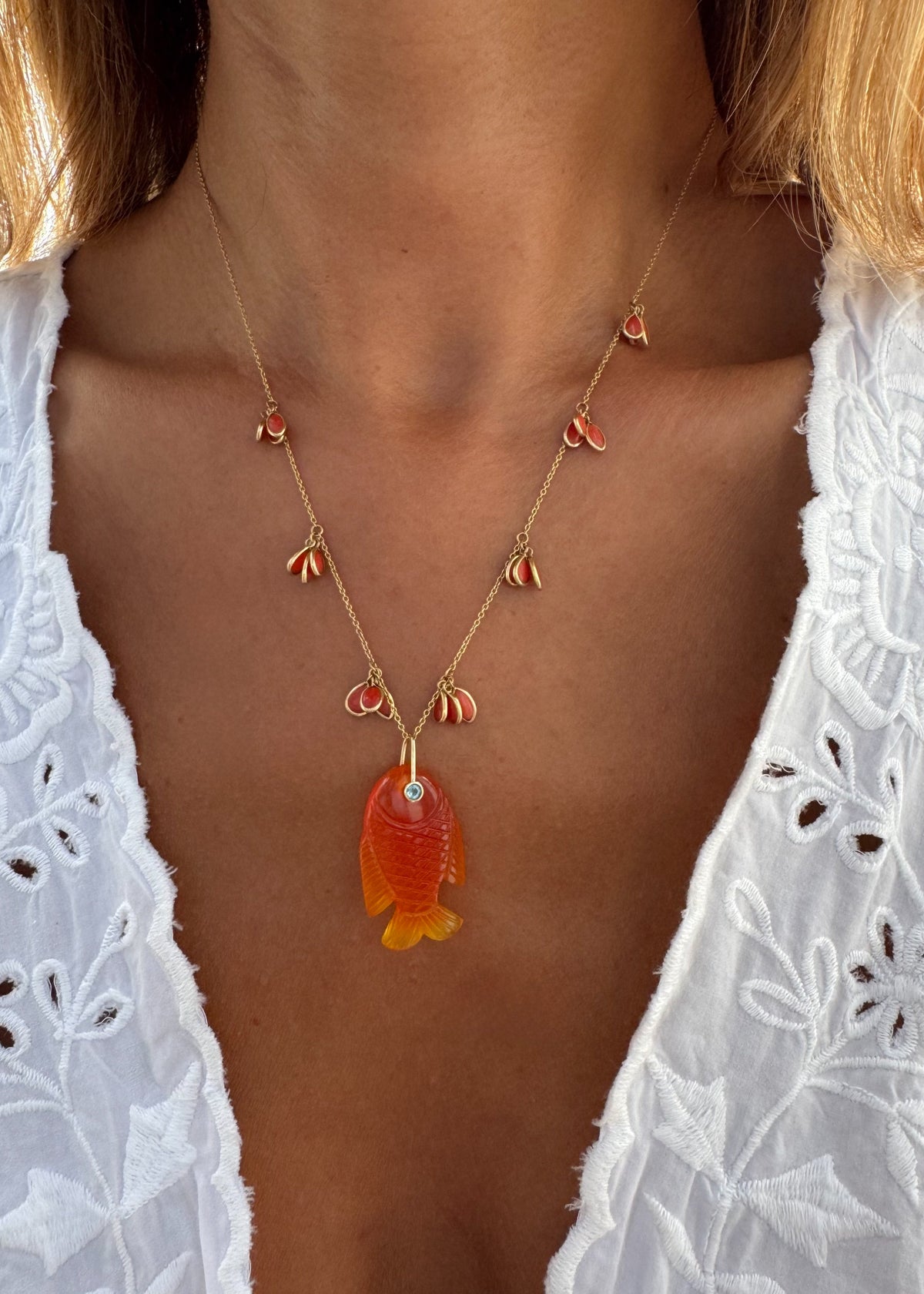 Coral Necklace with Carnelian-Chalcedony Fish
