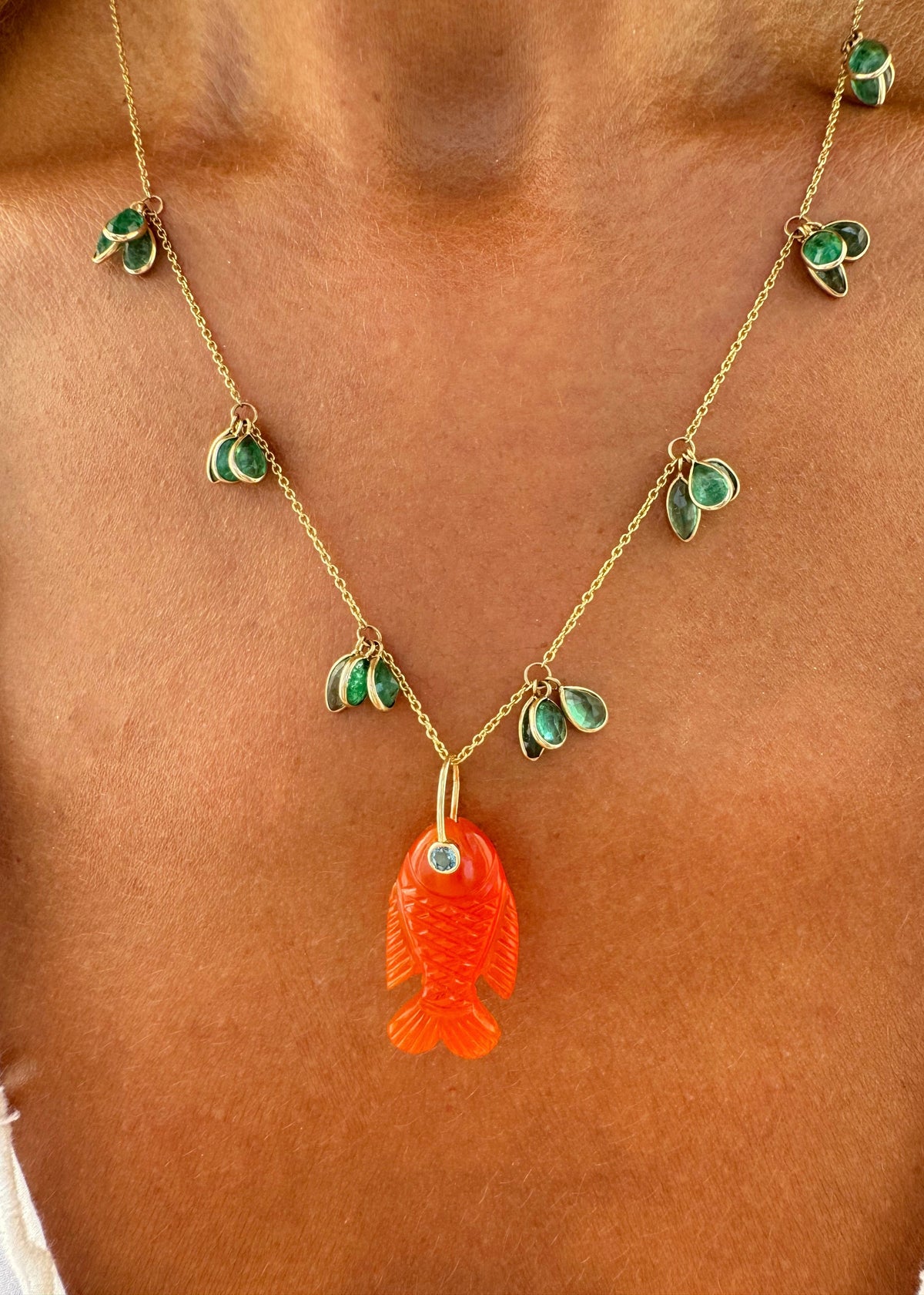 Emerald Drop Necklace & Orange Chalcedony Small Fish