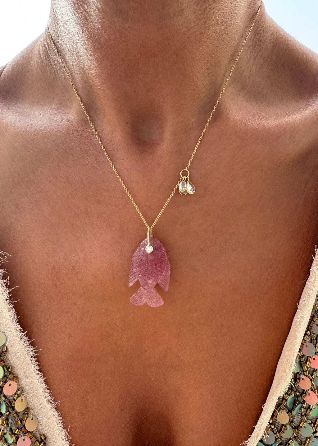 Strawberry Quartz Fish Necklace with White Sapphire