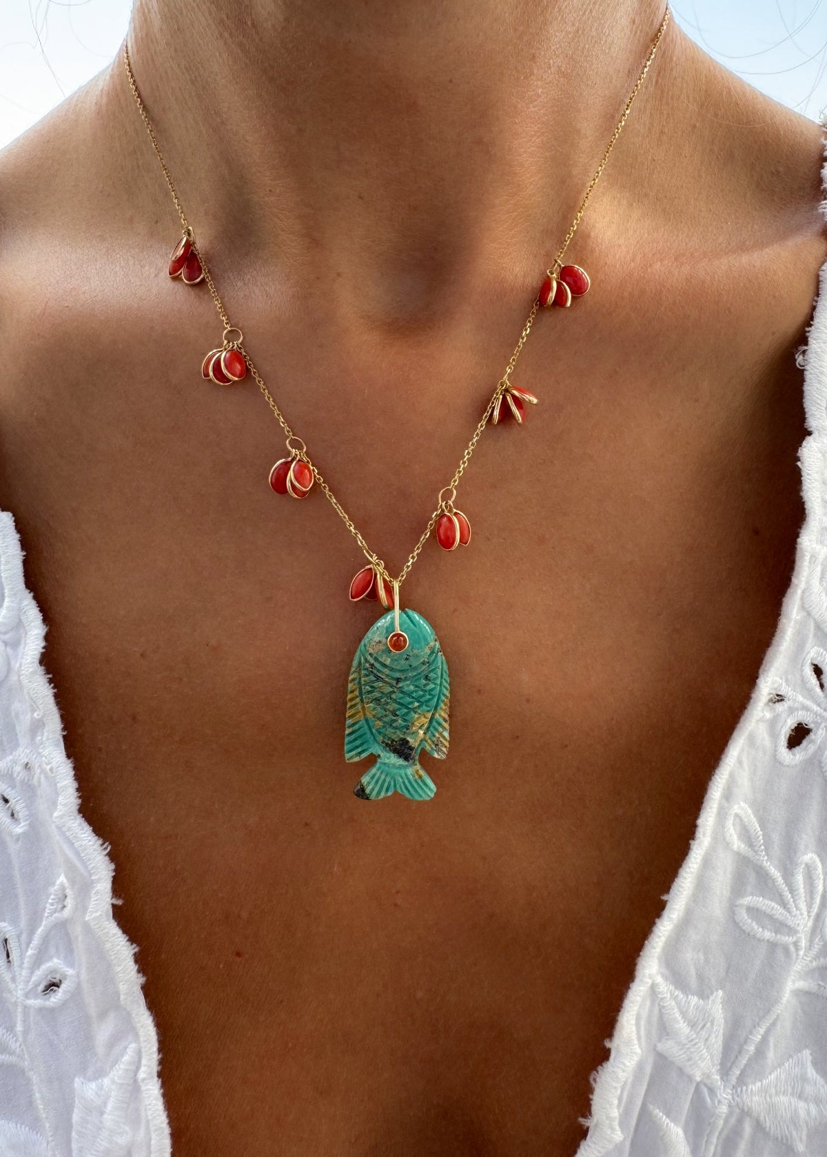 Coral Necklace With Turquoise Fish