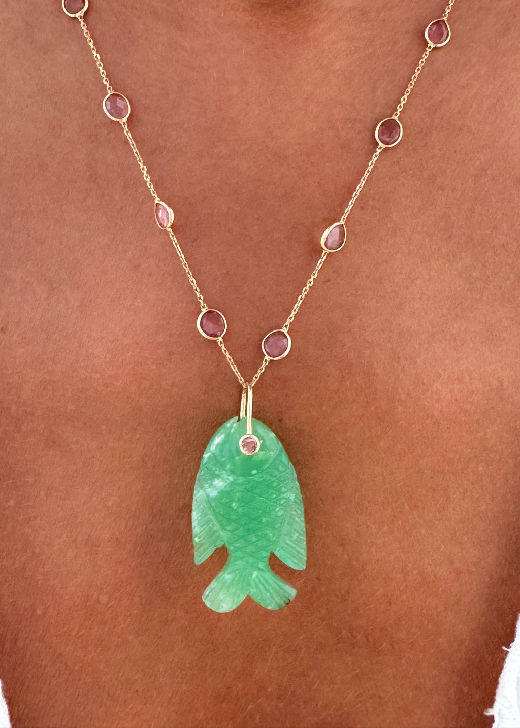 Pink Tourmaline Necklace with Chrysoprase Fish Pendant