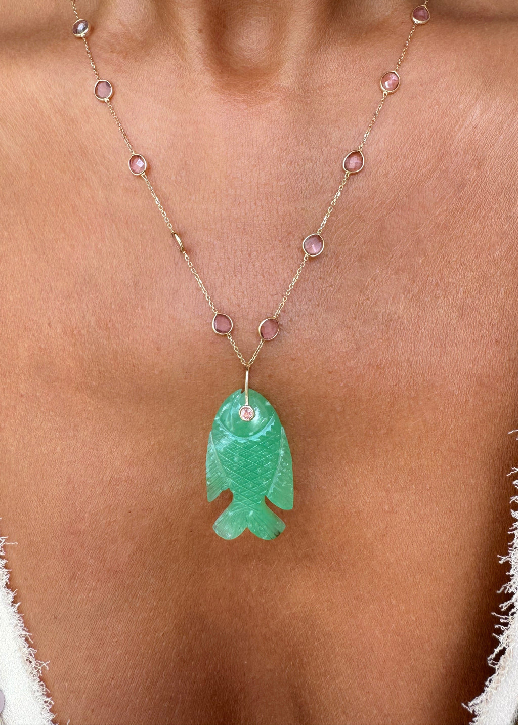 Pink Tourmaline Necklace with Chrysoprase Fish Pendant