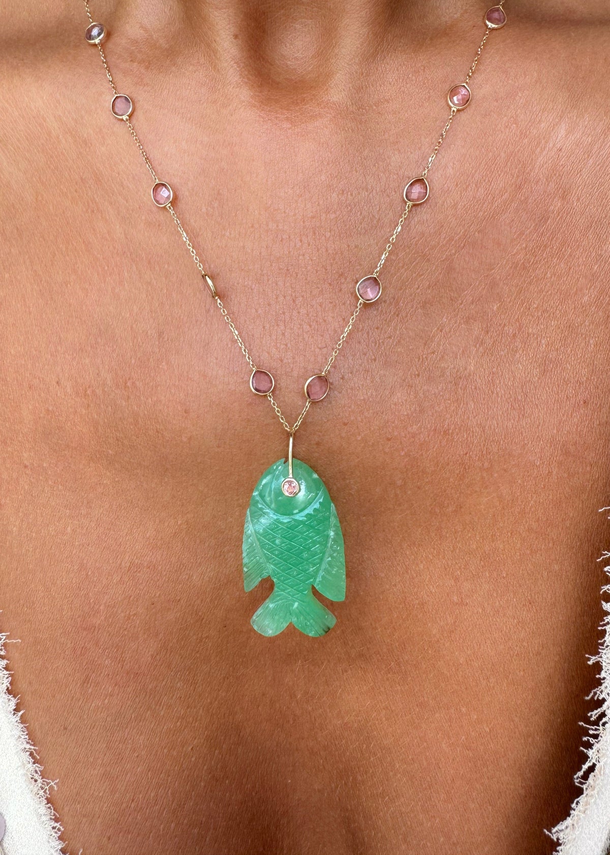 Pink Tourmaline Necklace with Chrysoprase Fish Pendant