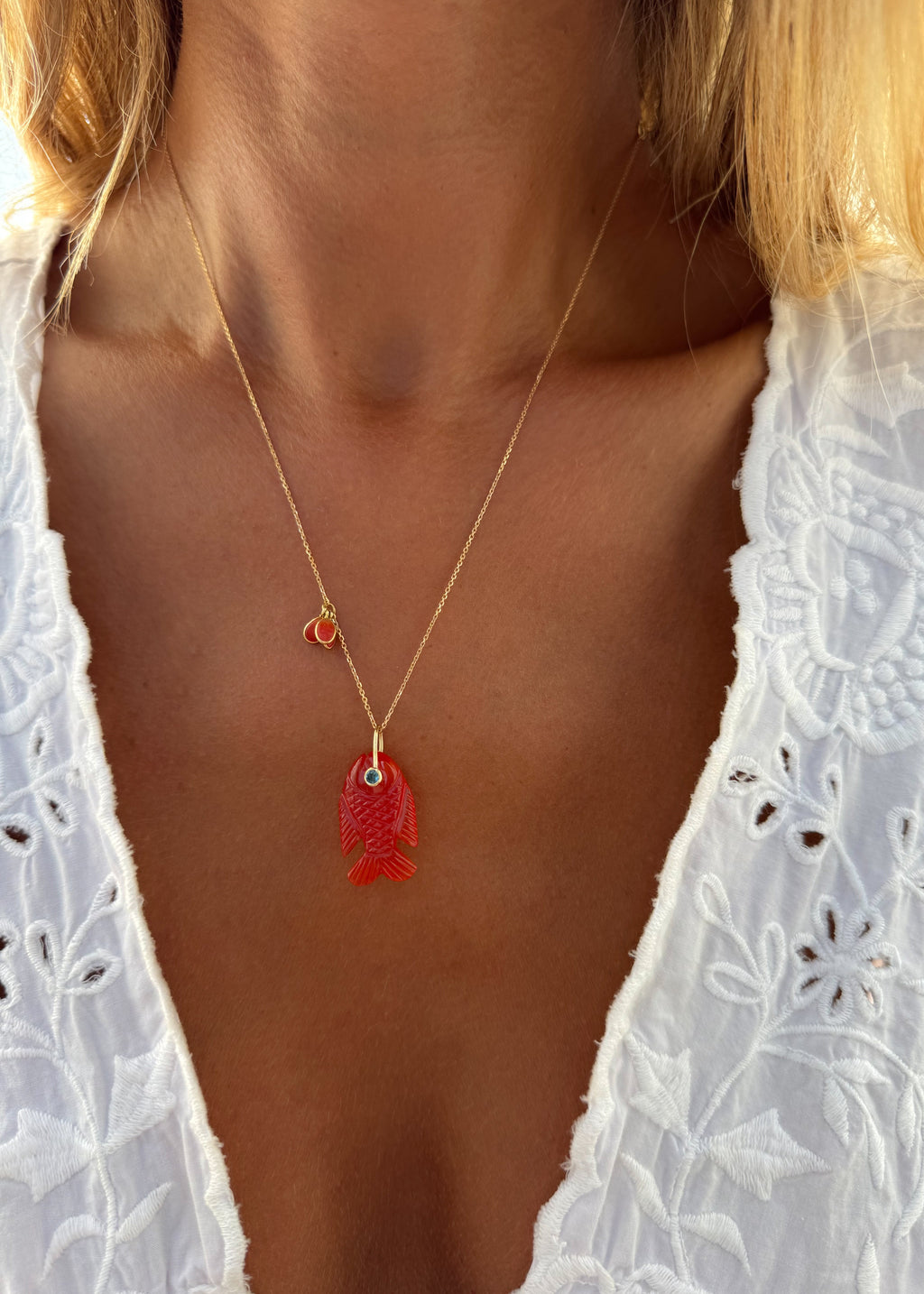 Carnelian-Chalcedony Fish & Coral Drop Necklace