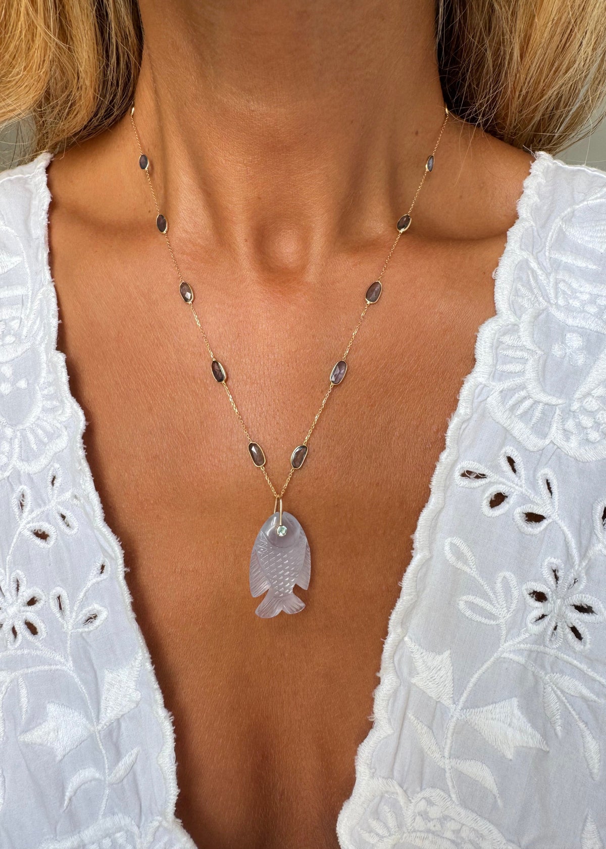 Blue Chalcedony Fish Sapphire Necklace