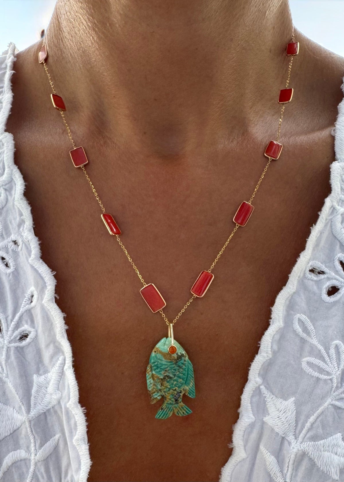 Coral Necklace with Turquoise Fish