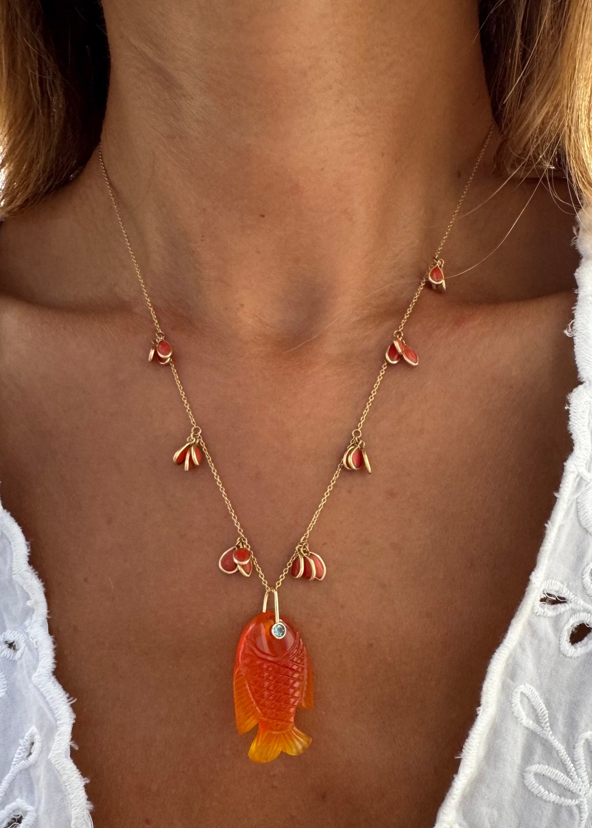 Coral Necklace with Carnelian-Chalcedony Fish