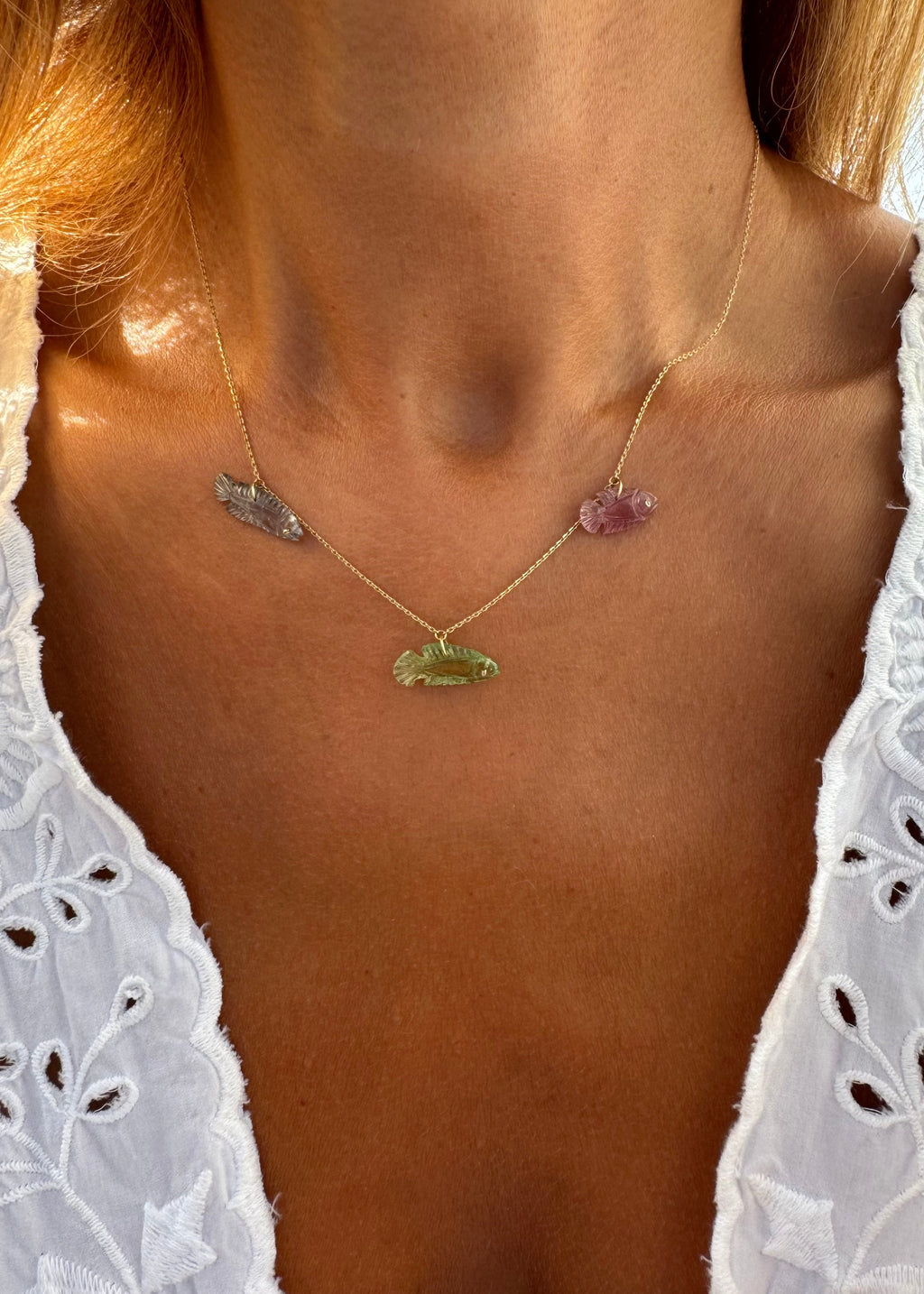 Three Tourmaline Fish Necklace