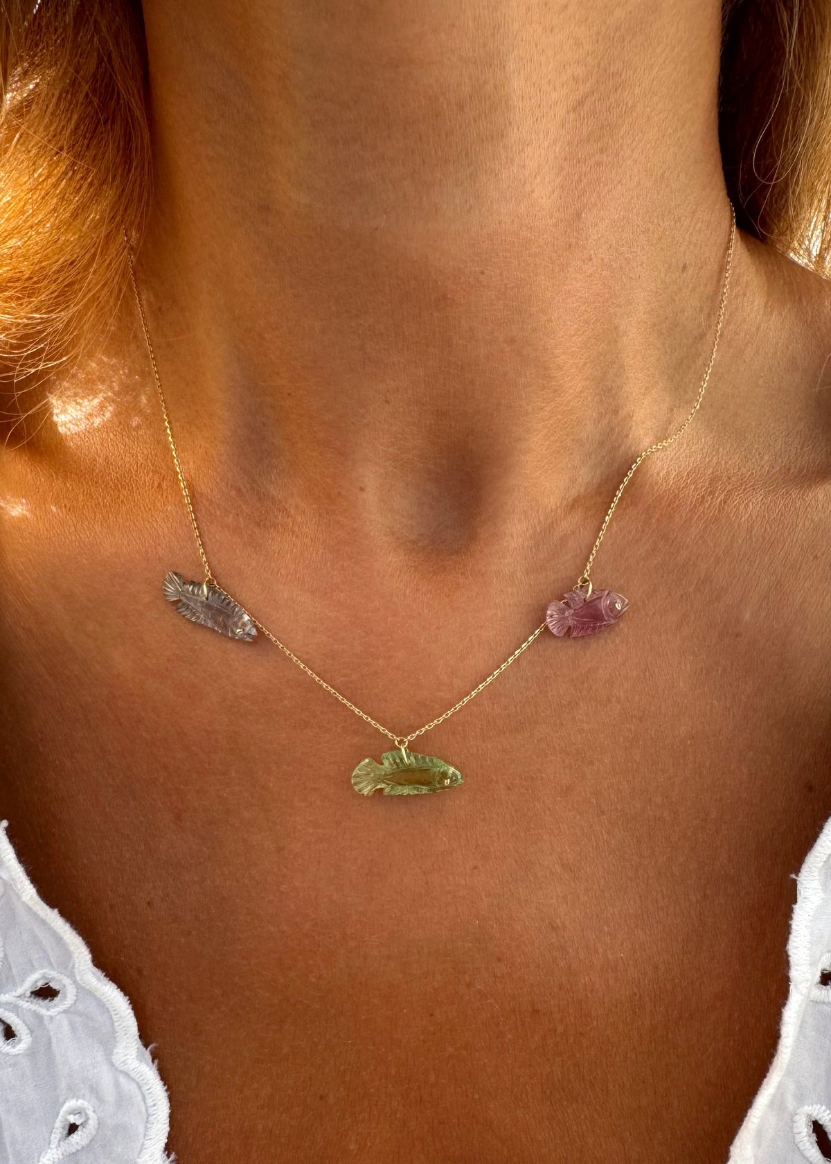 Three Tourmaline Fish Necklace