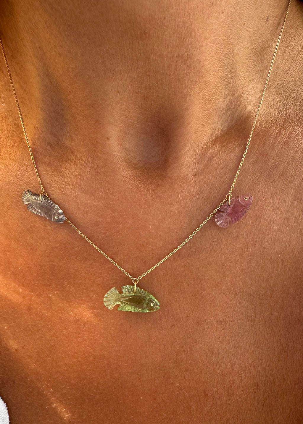 Three Tourmaline Fish Necklace